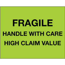 8" x 10" Fragile Handle With Care - High Claim Value Fluorescent Green Labels 250ct Roll