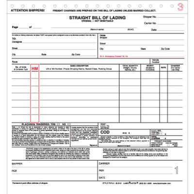 Straight Bill of Lading Form Snap Out 4 Part 8.5" X 8.5"