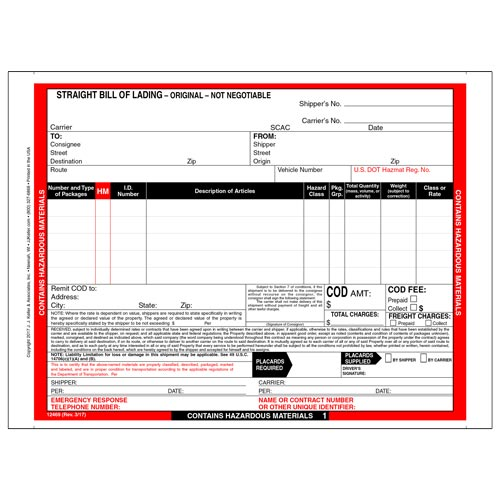 Hazardous Materials Straight Bill of Lading, 5 Entry Lines, Continuous, 3-Ply, Carbon