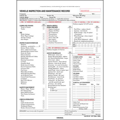 Vehicle Inspection and Maintenance Record, Detailed, Vehicle Inspection ...