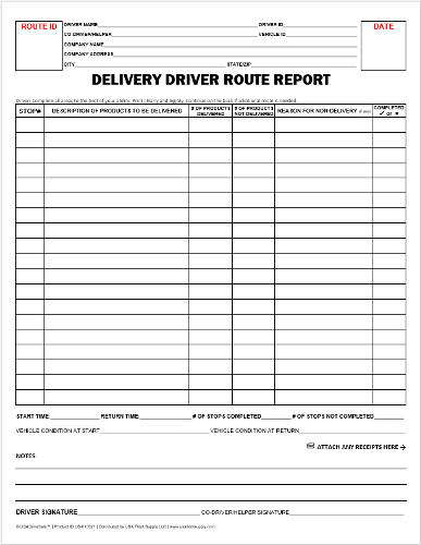 Delivery Driver Route Report, 2-Ply, Carbonless
