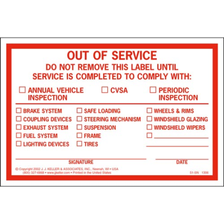 Out of Service Windshield Label